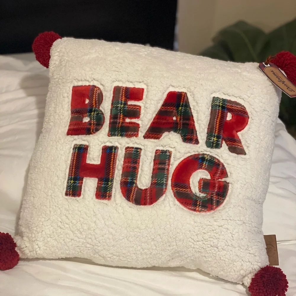 Dearfoams Bear Hug Pillow with Pom Poms, 20" × 20", Sherpa - Picture 1 of 5
